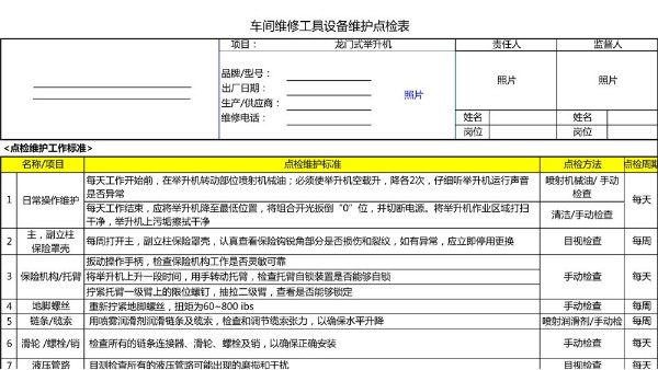 汽車4S店-雙柱/龍門舉升機 設備維護點檢表