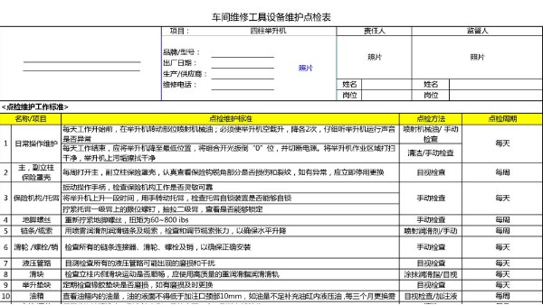 汽車4S店-四柱舉升機 設備維護點檢表